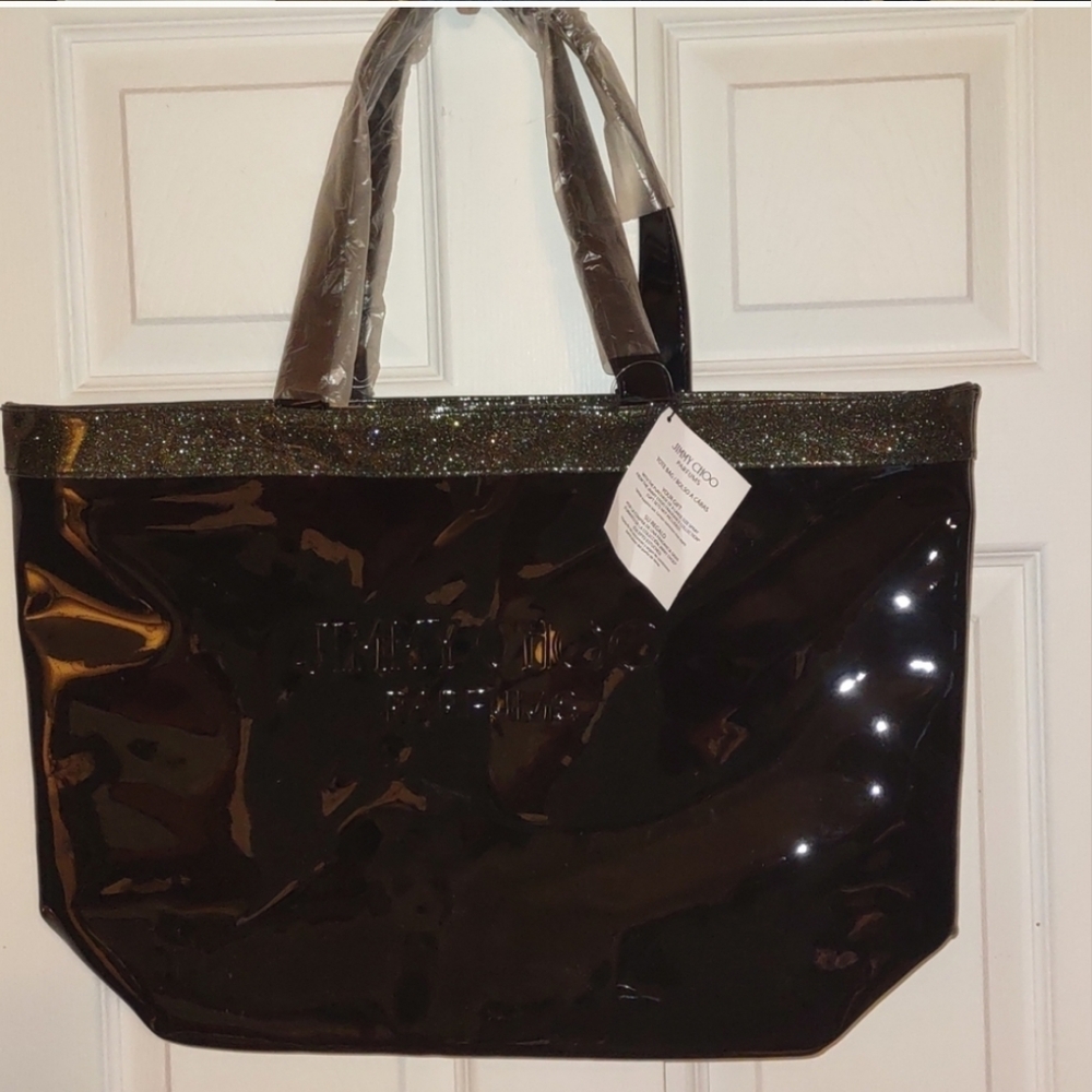 NWT JIMMY CHOO Tote Patent leather 20.3" X 14" black glittery oversized